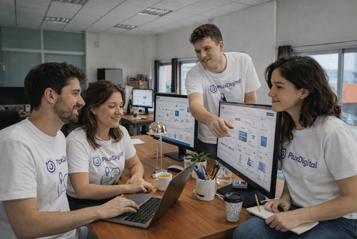 departamento de reputación online trabajando en oficina