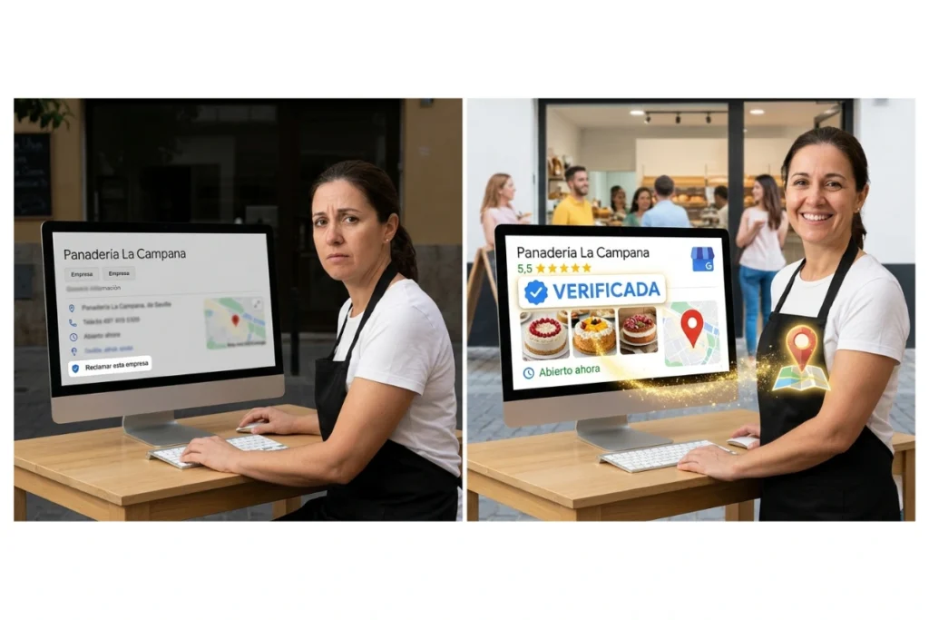 Antes y después tras verificar perfil de empresa de Google