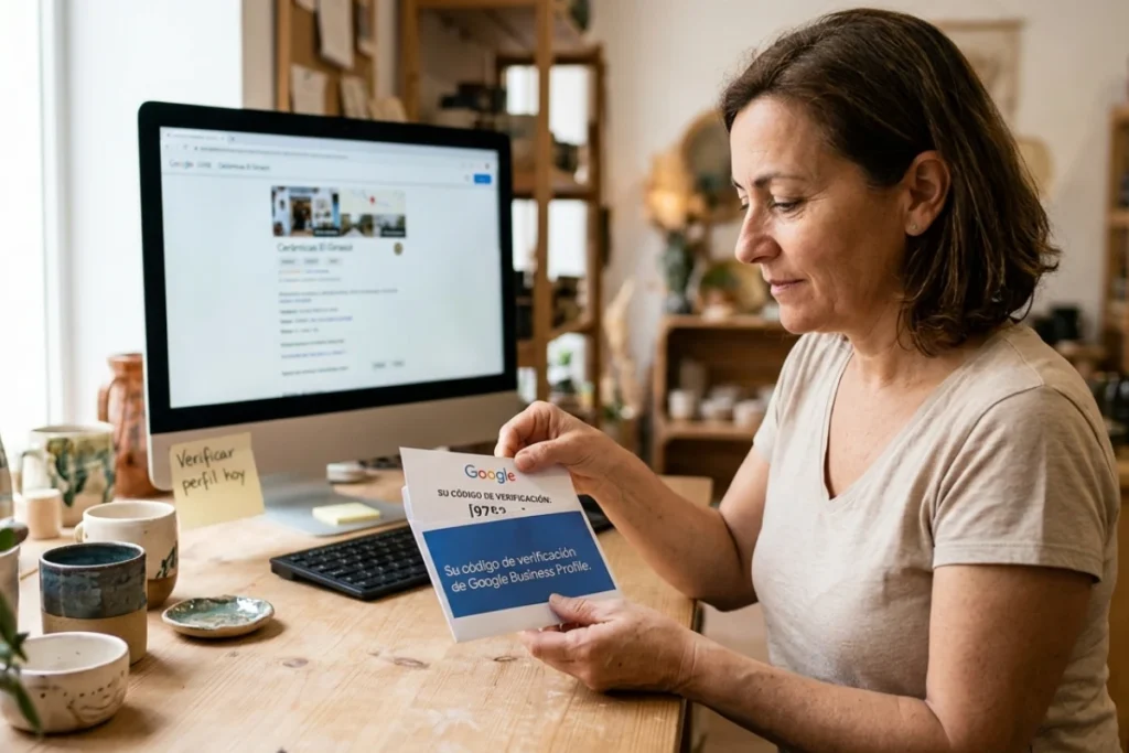 Empresaria abriendo carta de verificación de Google Business Profile