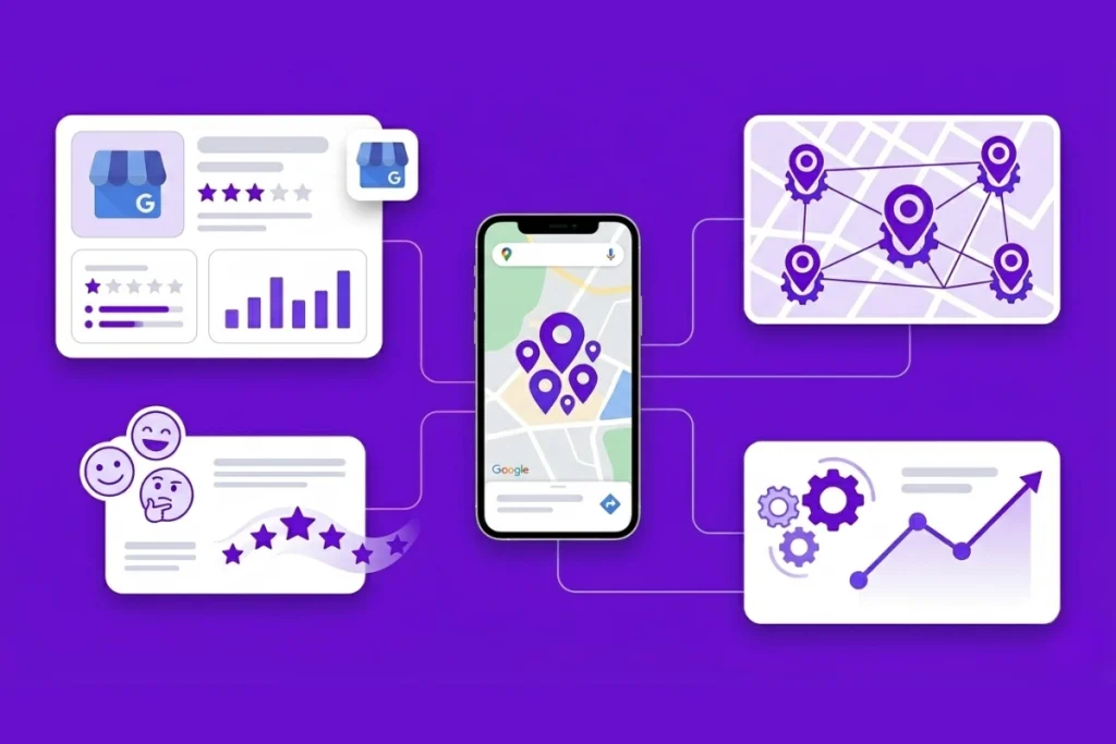 Ilustración decorativa de reseñas en Google Business Profile