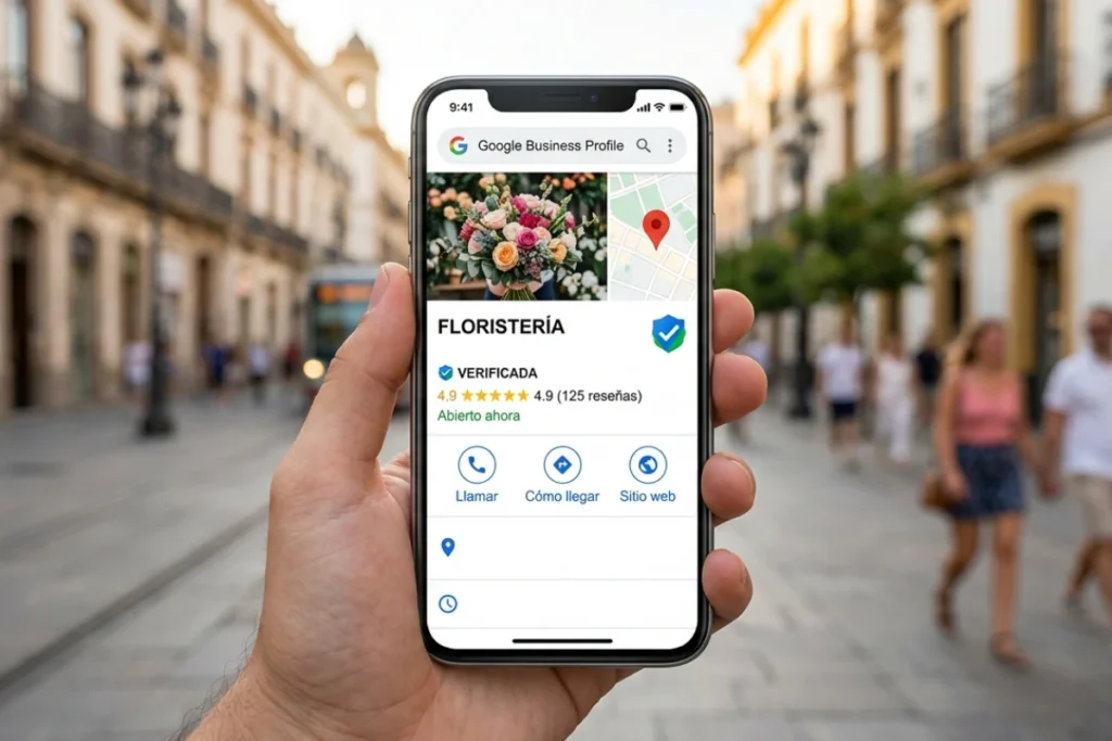 Pantalla de teléfono móvil mostrando un Google Business Profile verificado
