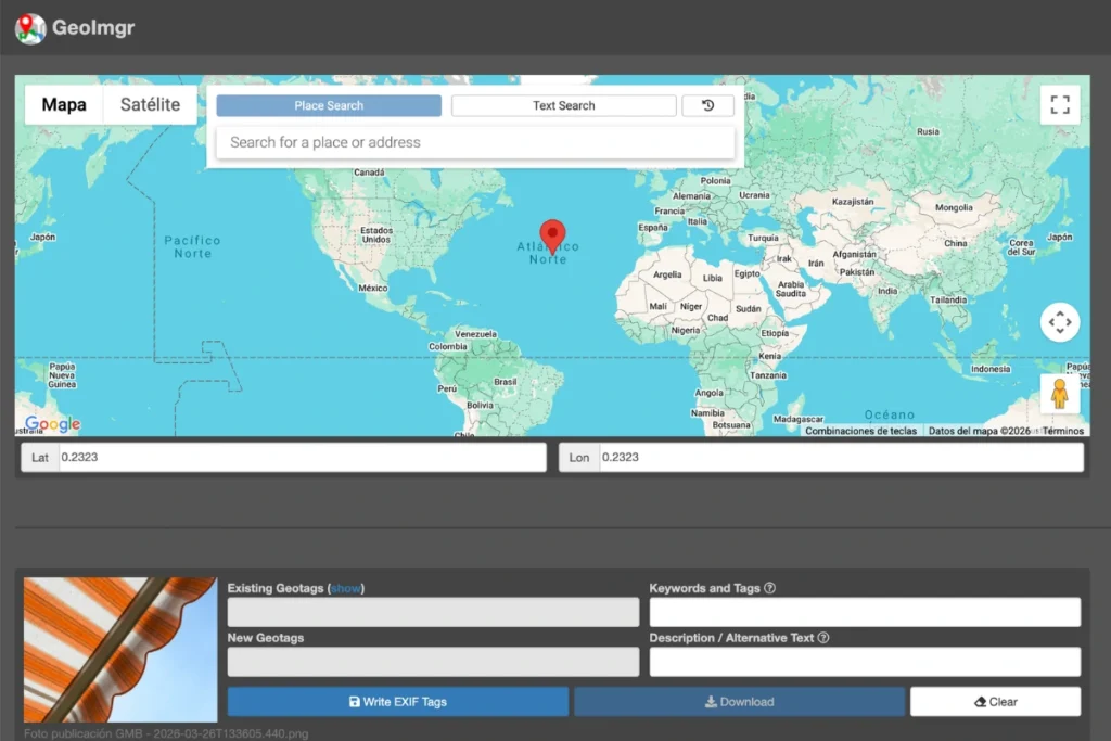 Vista del apartado de subida de imágenes en GeoImgr